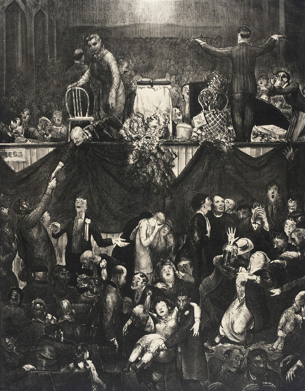 Quadro decorativo 'Billy Sunday' de George Bellows, uma litografia em preto e branco que retrata uma multidão em um evento de renascimento religioso com o pregador Billy Sunday.