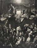 Quadro decorativo 'Billy Sunday' de George Bellows, uma litografia em preto e branco que retrata uma multidão em um evento de renascimento religioso com o pregador Billy Sunday.