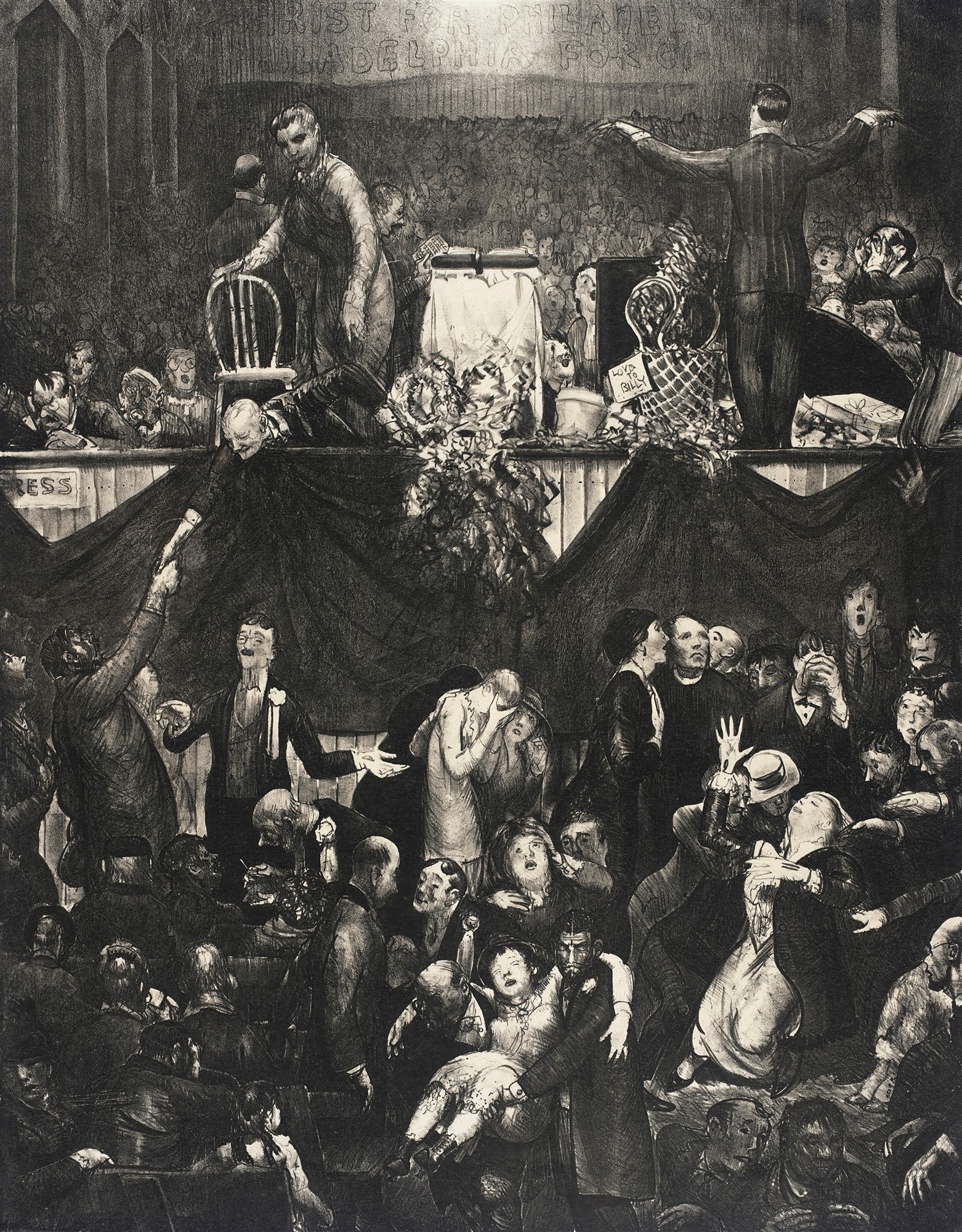 Quadro decorativo 'Billy Sunday' de George Bellows, uma litografia em preto e branco que retrata uma multidão em um evento de renascimento religioso com o pregador Billy Sunday.