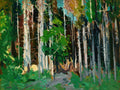 Quadro decorativo mostrando uma floresta densa com troncos de árvores verticais e folhagem verde exuberante, em estilo expressionista com pinceladas marcadas. Luz e sombra criam profundidade. Assinado George Bellows.