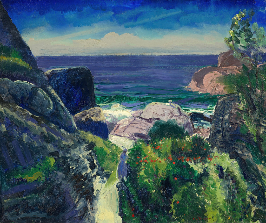 Pintura a óleo de uma paisagem costeira rochosa com mar azul-escuro e uma pequena figura em um caminho entre a vegetação, atribuída a George Bellows.