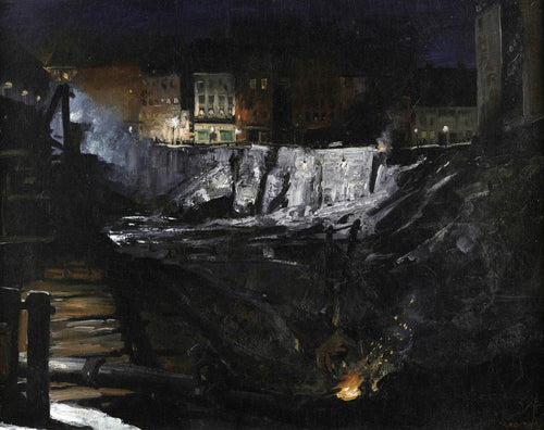 Quadro decorativo 'The Riverfront' de George Bellows, mostrando uma cena noturna escura com luzes de edifícios, reflexos na água e faíscas ao longe, com estética da Ashcan School.