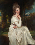 Retrato de mulher elegante com vestido branco, atribuído a George Romney, com fundo de paisagem escura. Ela tem a mão no queixo em pose pensativa.