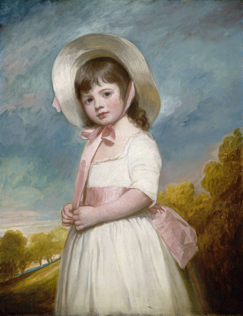 Retrato de uma menina com chapéu branco e laços rosa, em um cenário de paisagem campestre, pintado por George Romney.