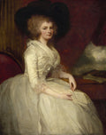 Retrato de uma senhora da aristocracia do século XVIII com um chapéu grande e escuro e um vestido branco, sentada, olhando para o observador