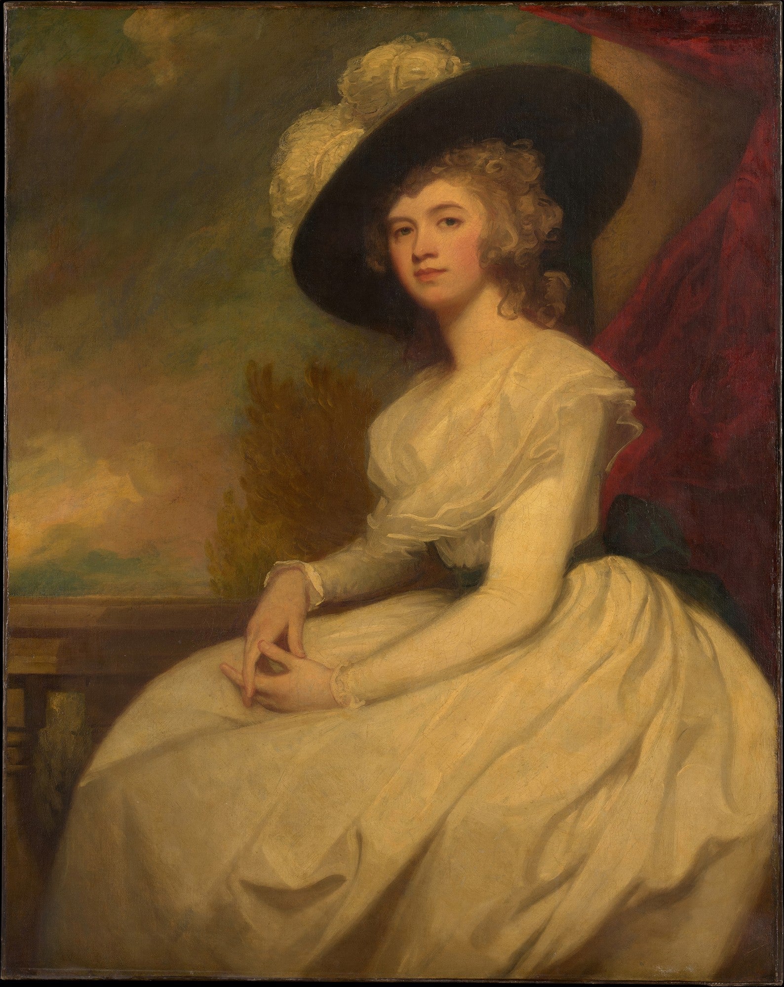 Retrato de uma jovem mulher com chapéu grande e branco, vestindo um vestido claro, pintado por George Romney, em estilo clássico.