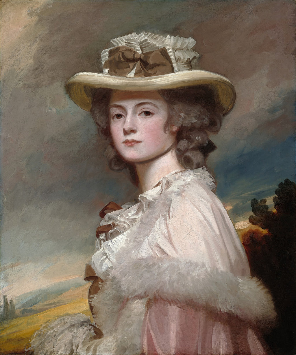 Retrato de uma dama com chapéu e vestido rosa e branco, atribuído a George Romney, com fundo de paisagem dramática.