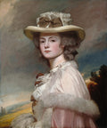 Retrato de uma dama com chapéu e vestido rosa e branco, atribuído a George Romney, com fundo de paisagem dramática.