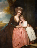 Retrato a óleo de uma mulher elegante de vestido marrom e saia rosa, abraçando uma menina de vestido branco e sapatos vermelhos, em um cenário de paisagem com árvores. Atribuído a George Romney.