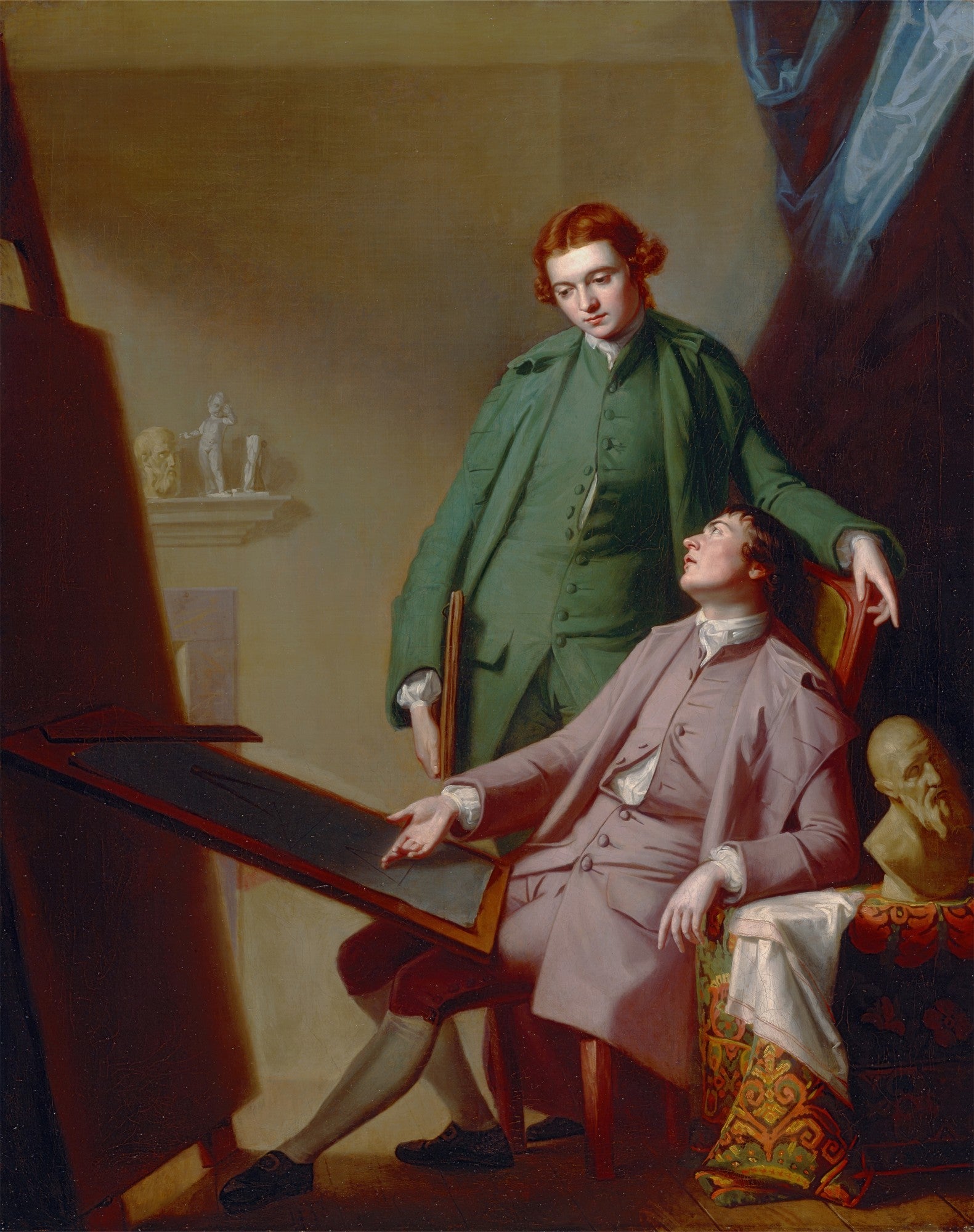 Pintura a óleo de George Romney, 'Dois Jovens Artistas', retratando dois homens jovens em um estúdio, um em pé e outro sentado, olhando para um desenho.