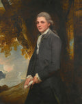 Retrato de um cavalheiro jovem, de cabelos grisalhos e peruca, em casaco escuro, com um papel nas mãos, posando contra um fundo de paisagem com árvores e céu nublado. Pintura a óleo de George Romney.