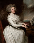 Retrato a óleo de uma senhora sentada de perfil, tocando um piano ou cravo, vestida com um vestido branco elegante e bufante, com cabelo empoado e encaracolado.
