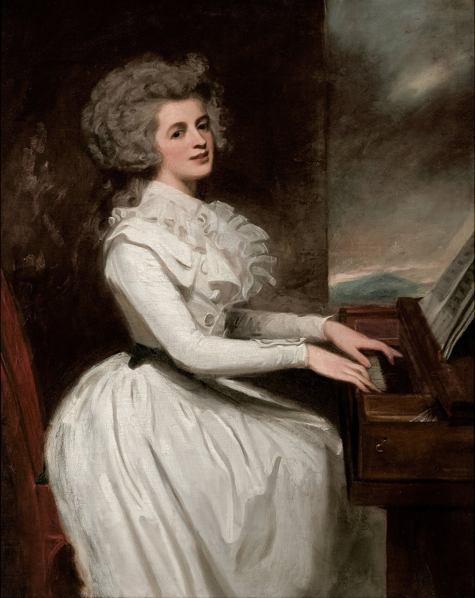 Retrato a óleo de uma senhora sentada de perfil, tocando um piano ou cravo, vestida com um vestido branco elegante e bufante, com cabelo empoado e encaracolado.