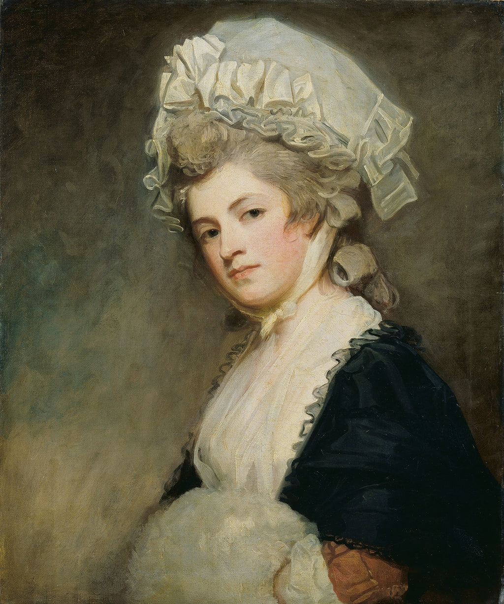 Retrato em óleo de uma senhora do século XVIII, com um chapéu branco rendado e um casaco escuro, olhando diretamente para o espectador.
