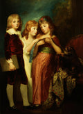Quadro a óleo de George Romney, retratando três crianças em roupas elegantes do século XVIII e um cachorro pequeno, em um ambiente campestre.