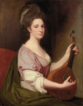 Retrato de uma mulher do século XVIII com cabelo volumoso e vestida de rosa, segurando um alaúde, pintado por George Romney.