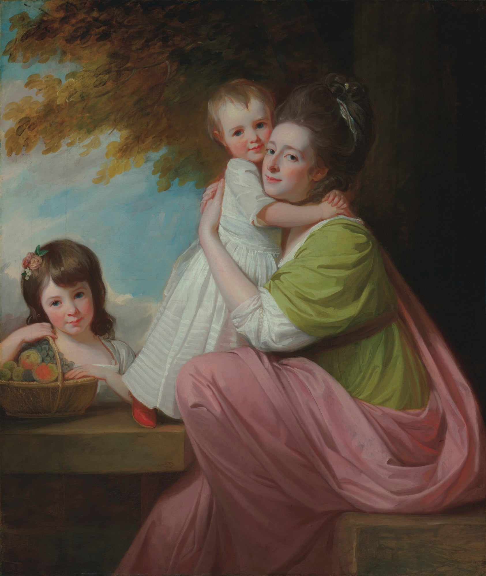 Retrato de uma mulher com dois filhos ao ar livre, pintado por George Romney, cores suaves e expressão carinhosa