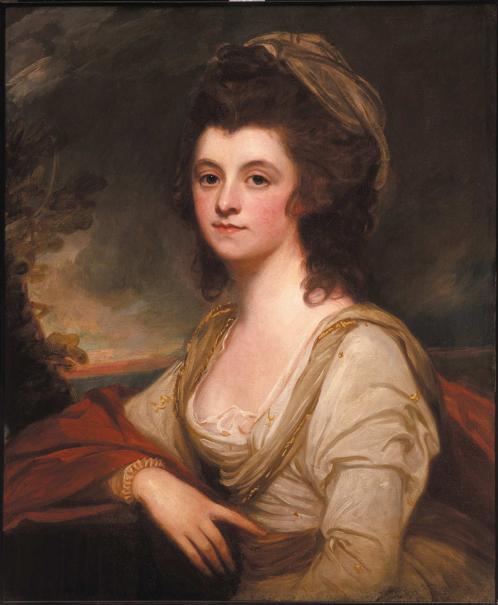 Retrato a óleo de uma mulher aristocrática do século XVIII, com cabelo castanho, vestido branco e manto vermelho, pintado por George Romney.