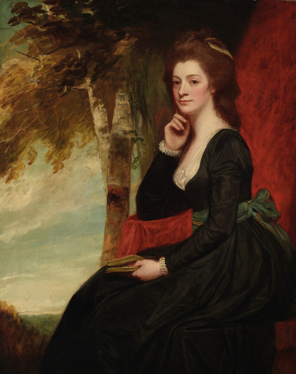 Quadro decorativo com retrato de uma dama sentada, vestida de preto com um laço verde, segurando um livro, com árvores e um céu claro ao fundo. Obra de George Romney.