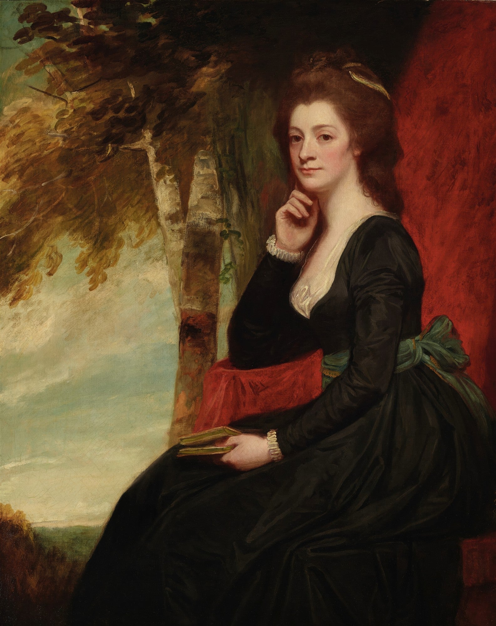 Quadro decorativo com retrato de uma dama sentada, vestida de preto com um laço verde, segurando um livro, com árvores e um céu claro ao fundo. Obra de George Romney.
