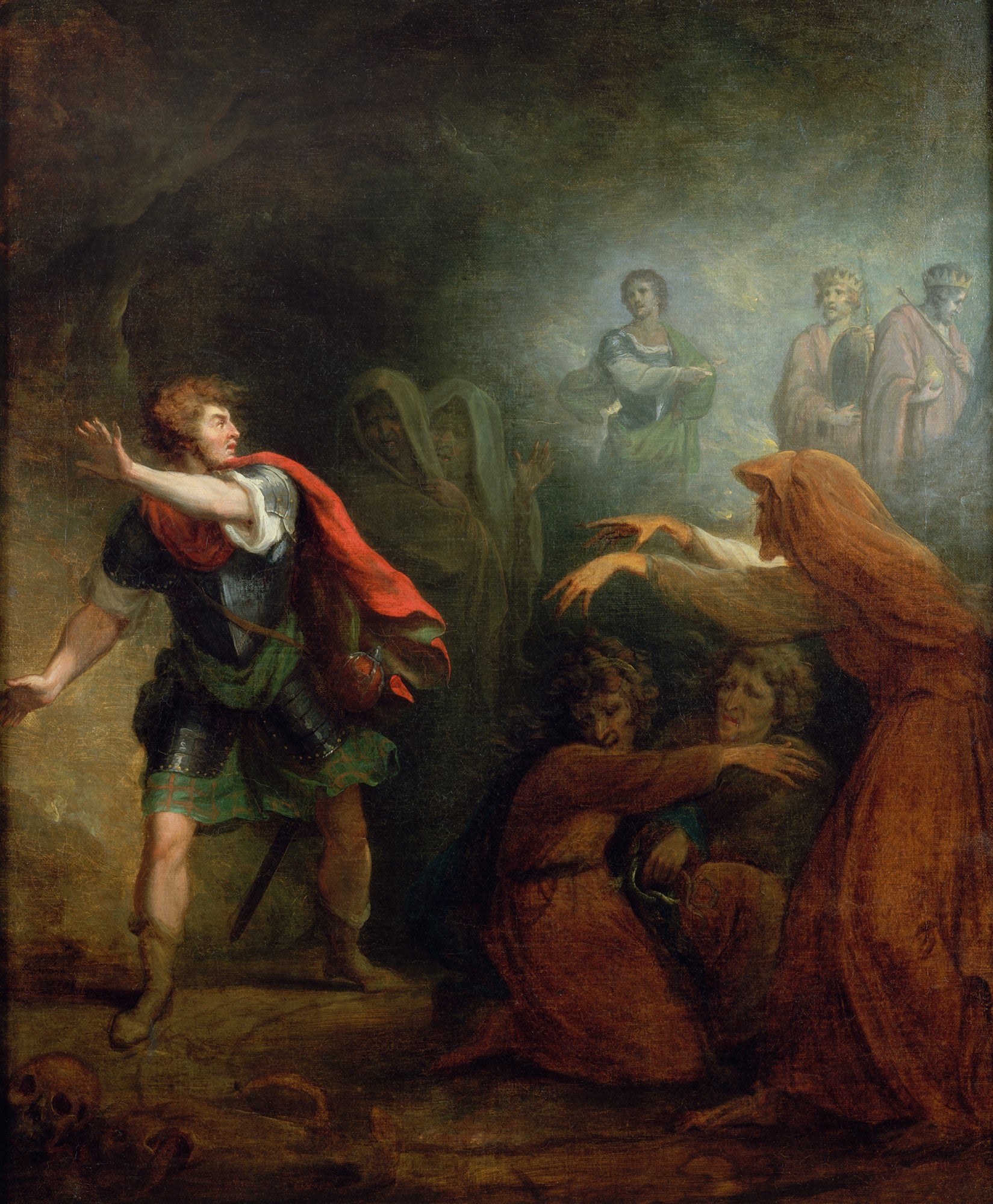 Quadro decorativo 'A Bruxa de Endor' de George Romney, mostrando o rei Saul em armadura, a bruxa de Endor e figuras espectrais em uma cena escura e dramática.