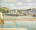 Quadro decorativo com a obra 'Porto em Grandcamp' de Georges Seurat, exibindo uma paisagem costeira pontilhista com edifícios, um cais e barcos na água sob um céu claro.