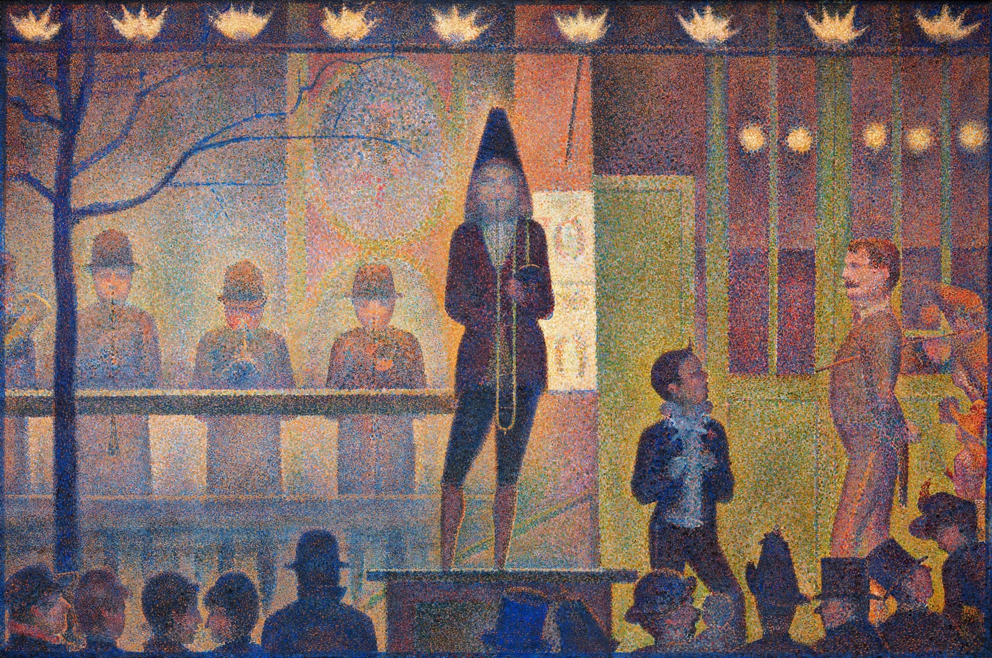 Quadro decorativo mostrando a obra 'O Circo' de Georges Seurat, com figuras pontilhistas em um palco de circo, tons de azul, laranja e amarelo.