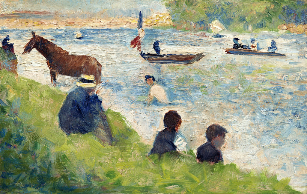 Quadro decorativo com pintura de Georges Seurat, representando pessoas e um cavalo à beira de um rio com barcos, em estilo neoimpressionista com pinceladas visíveis, cores claras e vibrantes.