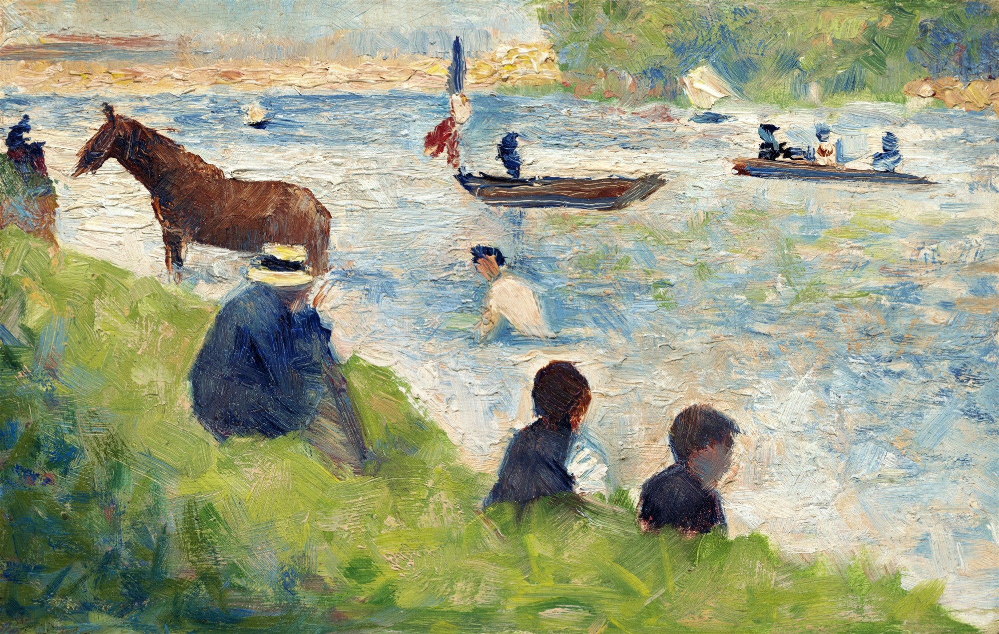 Quadro decorativo com pintura de Georges Seurat, representando pessoas e um cavalo à beira de um rio com barcos, em estilo neoimpressionista com pinceladas visíveis, cores claras e vibrantes.