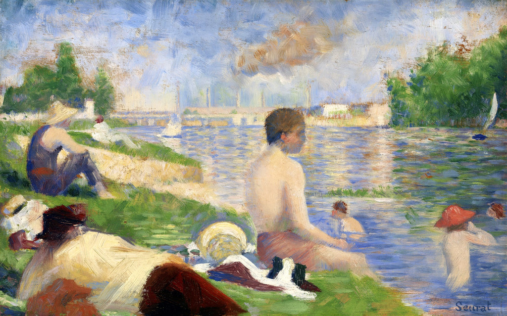 Quadro decorativo Banhistas em Asnières de Georges Seurat, retratando pessoas relaxando à beira de um rio sob um céu azul, com edifícios e barcos ao fundo. A técnica pontilhista é visível, com tons predominantemente azuis, verdes e terrosos.