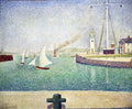 Quadro decorativo com pintura pontilhista de Georges Seurat, mostrando um porto com barcos de vela, um farol e edifícios ao fundo. A água é verde-azulada e o céu é azul claro, ambos compostos por pequenos pontos de cor.