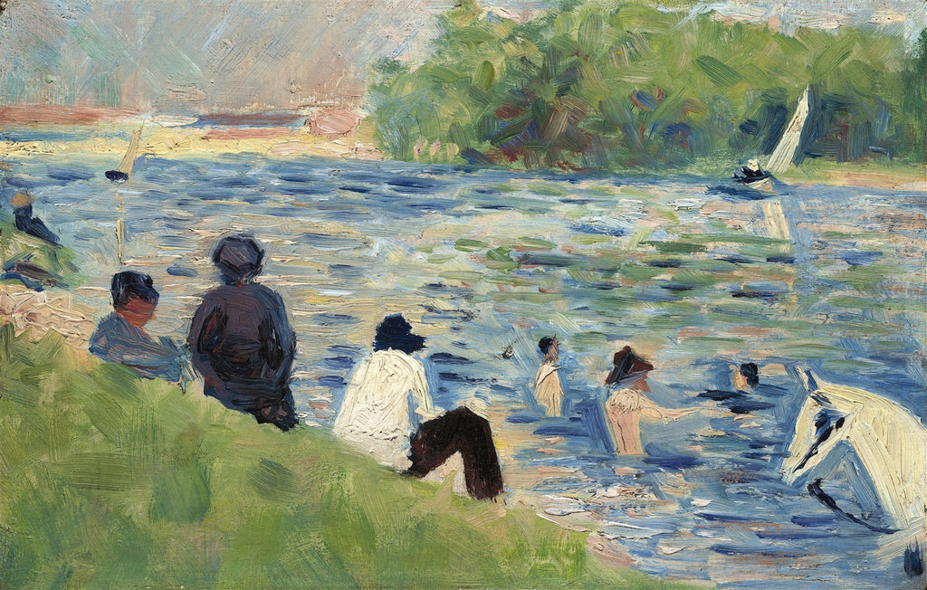 Pintura de Georges Seurat, Banhistas em Asnières, mostrando figuras masculinas relaxando à beira de um rio calmo, com barcos ao fundo e vegetação densa na margem oposta. A técnica pontilhista é sutilmente visível.