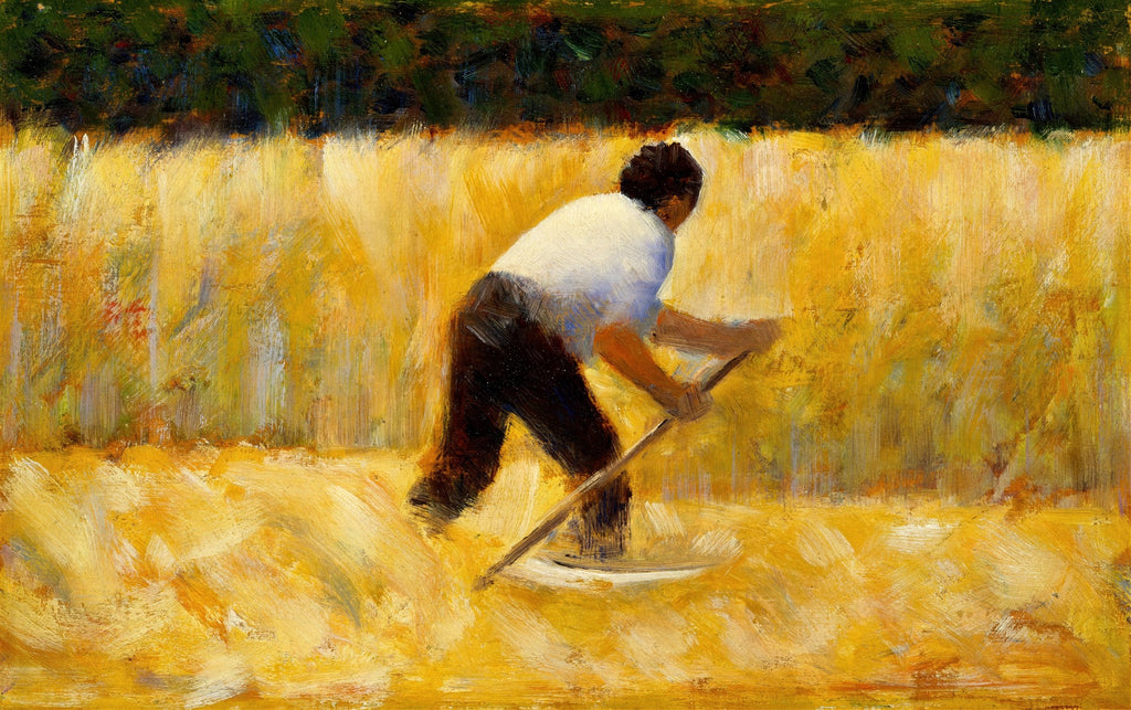 Quadro decorativo mostrando um camponês trabalhando em um campo de trigo dourado sob um céu escuro, com pinceladas vibrantes e espessas. Obra de Georges Seurat.