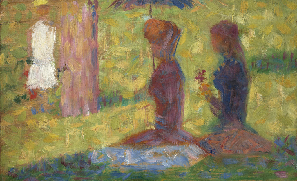 Quadro decorativo com estudo de Georges Seurat, apresentando figuras em um parque com pinceladas pontilhistas e cores vibrantes de verde, amarelo e marrom.