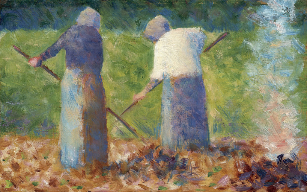 Pintura a óleo de Georges Seurat, "Camponesas no Campo", exibindo duas figuras femininas trabalhando a terra com enxadas, em um campo verde vibrante sob um céu azul claro. As cores são aplicadas em pontos e traços curtos, característicos do Pontilhismo, criando uma textura rica e luminosa.