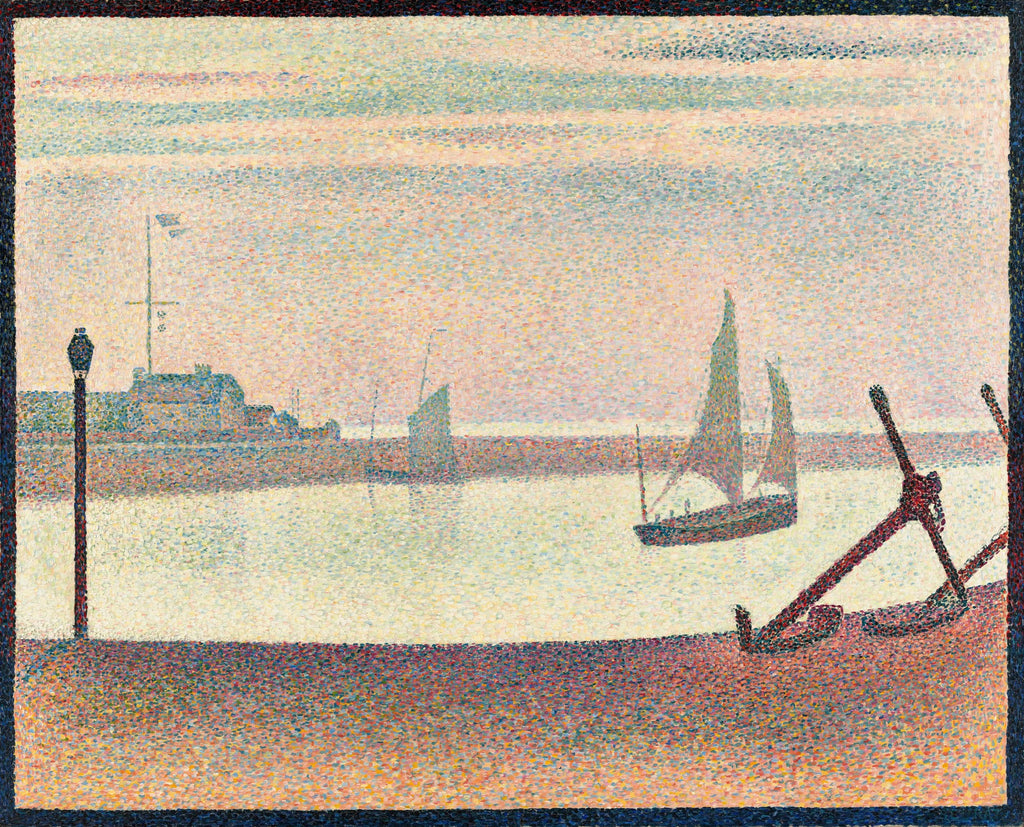 Quadro decorativo do Porto de Honfleur de Georges Seurat, paisagem marítima em estilo pontilhista com barcos e ancoras em tons pastel e terrosos.