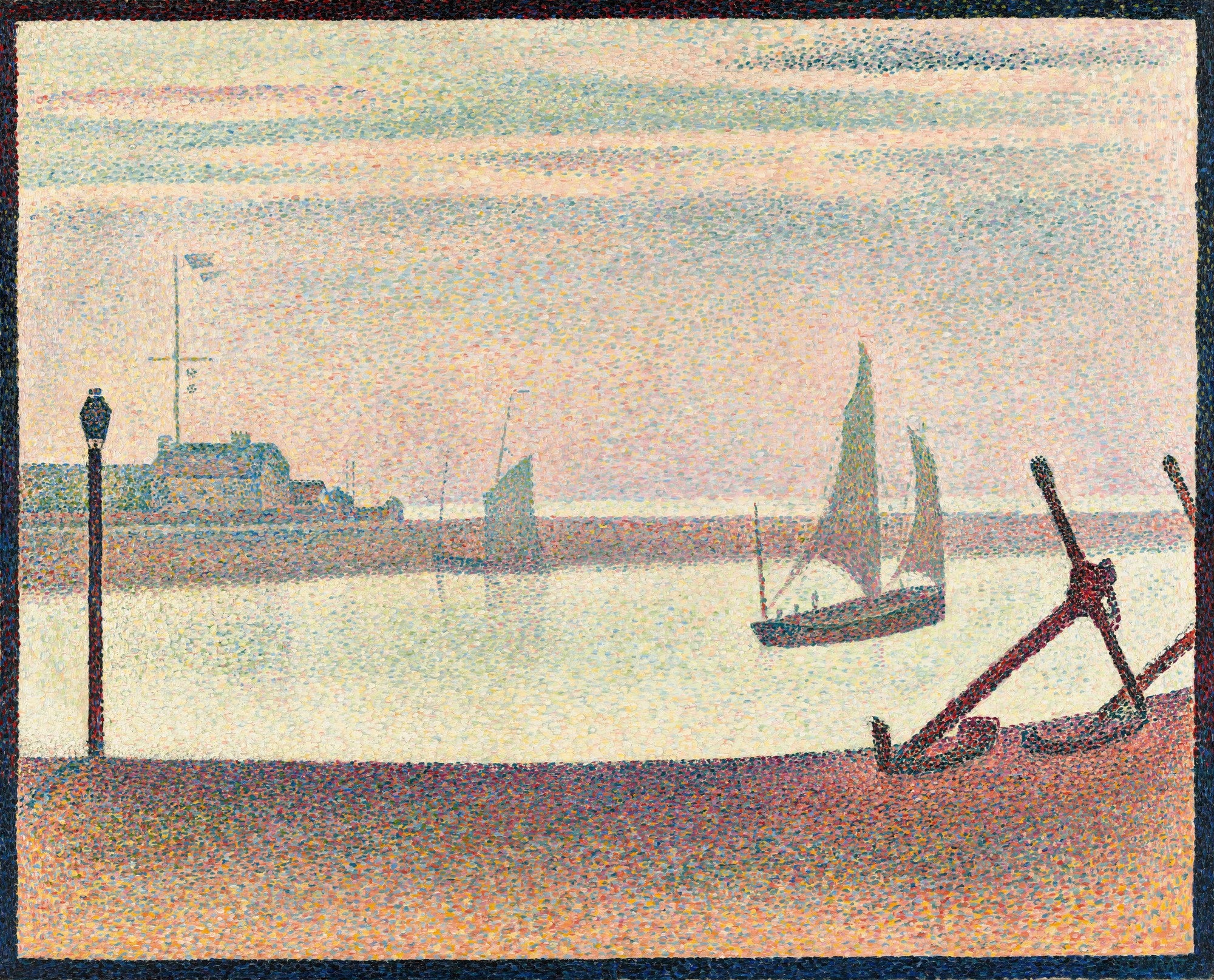 Quadro decorativo do Porto de Honfleur de Georges Seurat, paisagem marítima em estilo pontilhista com barcos e ancoras em tons pastel e terrosos.