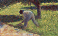 Quadro decorativo com pintura de Georges Seurat, retratando um homem curvado trabalhando no campo, com pinceladas vibrantes de verde, marrom e tons de terra, representando uma cena de gênero rural.