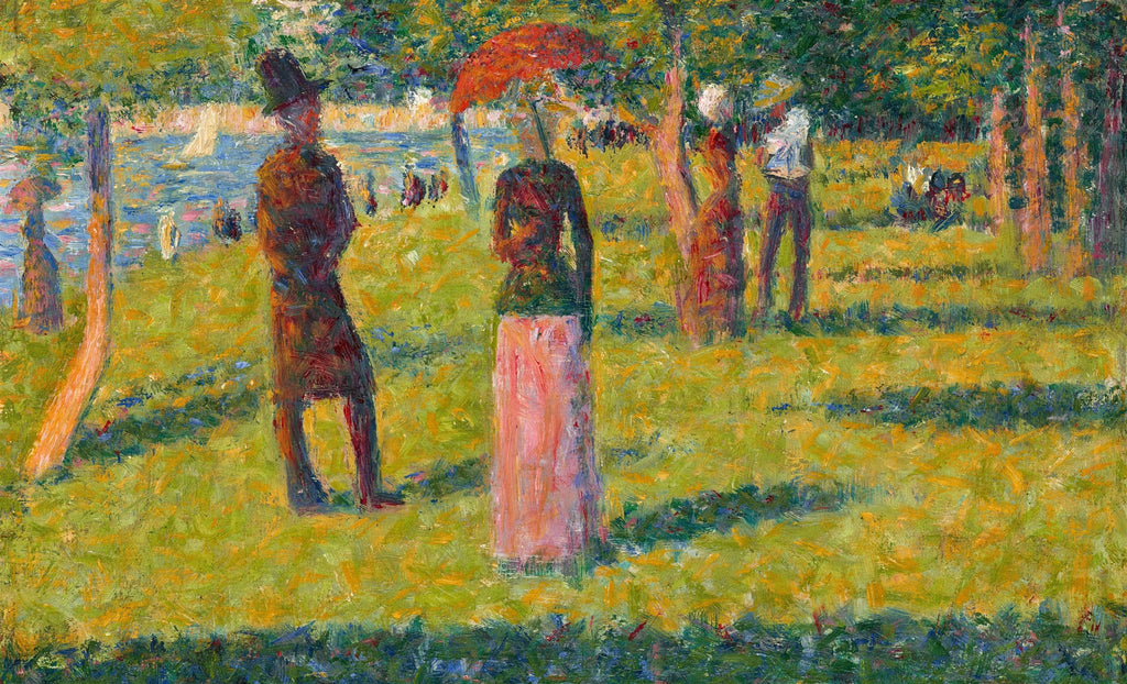 Quadro decorativo mostrando uma cena de parque com pessoas em uma tarde ensolarada, em estilo pontilhista, com tons de verde, amarelo e azul, e figuras distintas como um homem de cartola e uma mulher com sombrinha vermelha, atribuído a Georges Seurat.