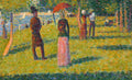 Quadro decorativo mostrando uma cena de parque com pessoas em uma tarde ensolarada, em estilo pontilhista, com tons de verde, amarelo e azul, e figuras distintas como um homem de cartola e uma mulher com sombrinha vermelha, atribuído a Georges Seurat.
