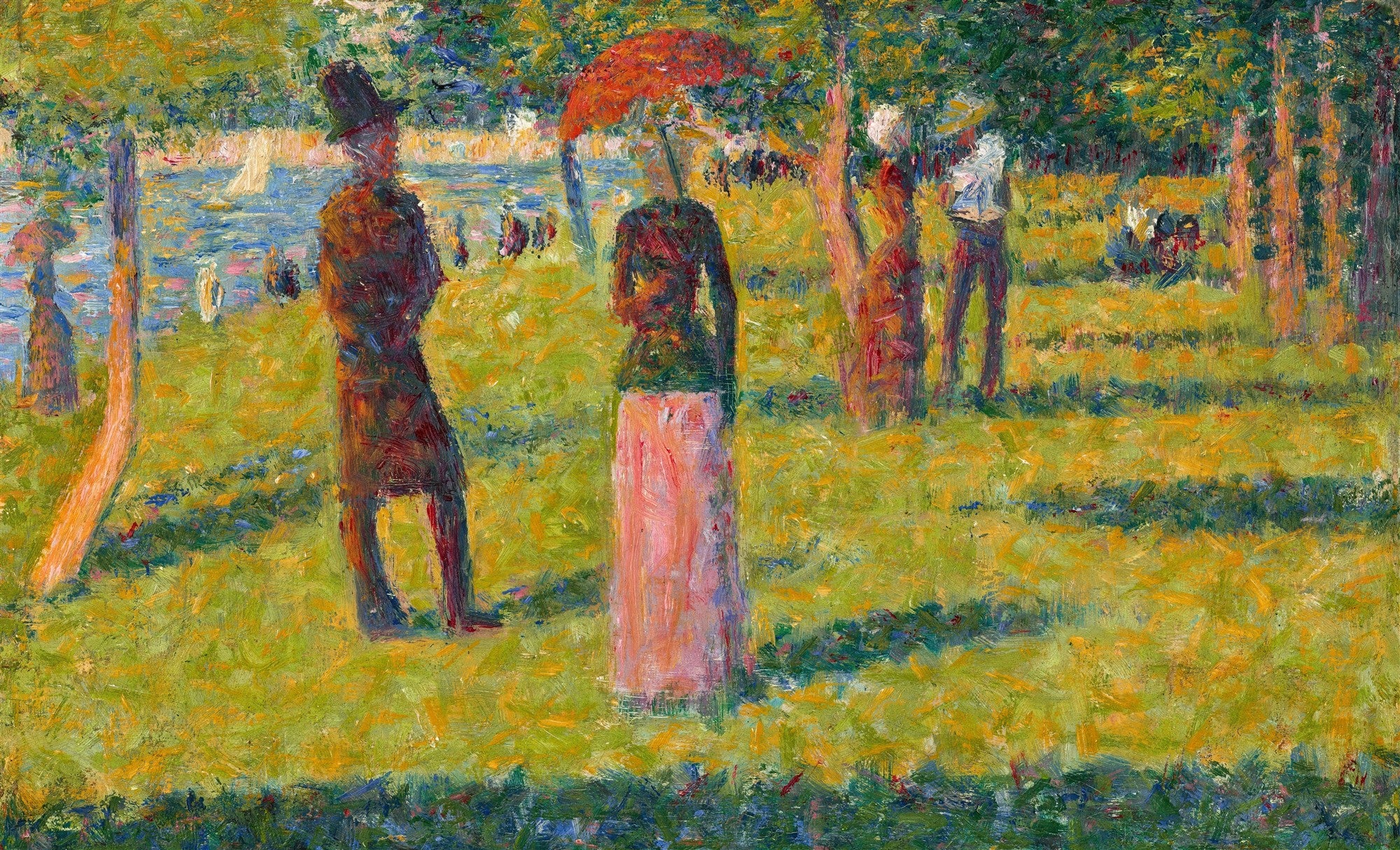 Quadro decorativo mostrando uma cena de parque com pessoas em uma tarde ensolarada, em estilo pontilhista, com tons de verde, amarelo e azul, e figuras distintas como um homem de cartola e uma mulher com sombrinha vermelha, atribuído a Georges Seurat.