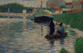 Quadro decorativo mostrando uma pintura de Georges Seurat com dois pescadores em um barco no rio Sena, com vegetação e edifícios ao fundo, em tons de verde, azul e marrom.