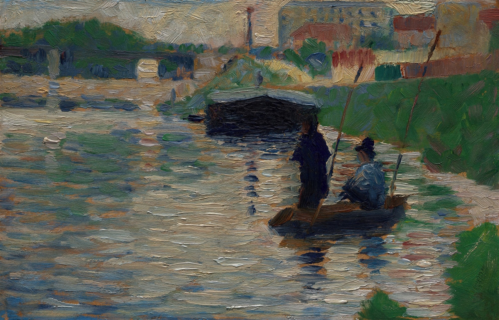 Quadro decorativo mostrando uma pintura de Georges Seurat com dois pescadores em um barco no rio Sena, com vegetação e edifícios ao fundo, em tons de verde, azul e marrom.