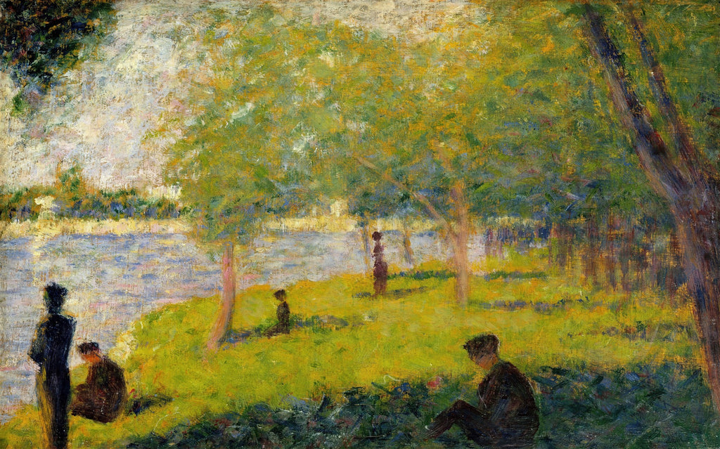 Quadro decorativo com paisagem pontilhista de Georges Seurat, mostrando pessoas relaxando à beira de um rio sob árvores frondosas, com tons de verde, azul e amarelo.