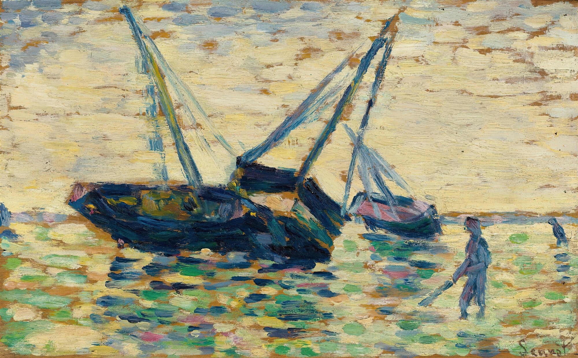 Quadro decorativo com pintura de Georges Seurat, representando um porto com dois barcos de vela e uma figura humana na água. A técnica pontilhista é evidente na representação da água e do céu, com tons de amarelo, azul e verde dominando a cena marítima.