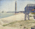 Quadro decorativo do Porto de Honfleur, obra de Georges Seurat, retratando um porto com farol, mar calmo e edificações em estilo pontilhista