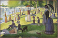 Quadro decorativo da pintura 'A Tarde de Domingo na Ilha de La Grande Jatte' de Georges Seurat, mostrando pessoas em um parque à beira de um rio com barcos, em estilo pontilhista.