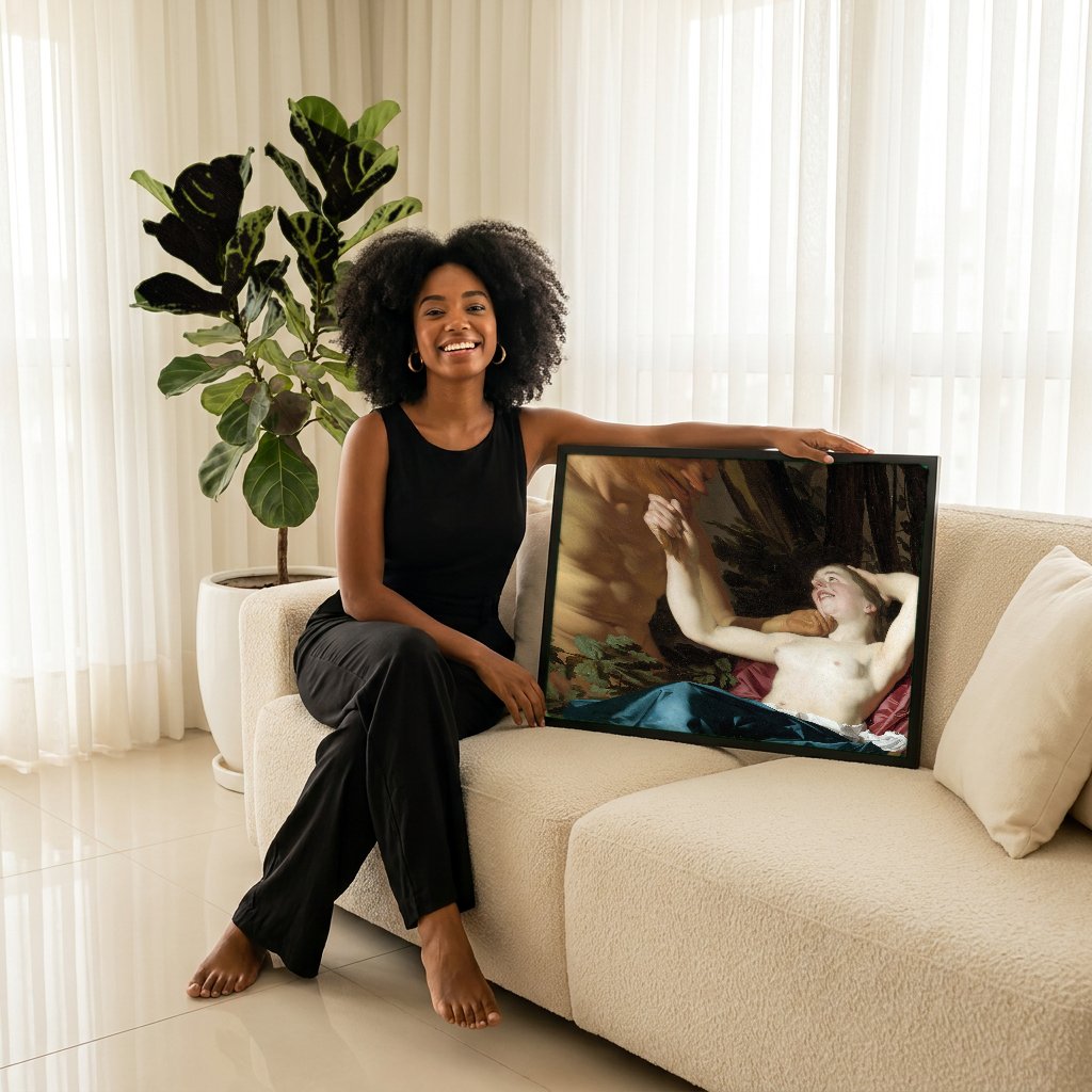 Quadro Decorativo A Ninfa e o Sátiro - Gerard van Honthorst com modelo em ambiente