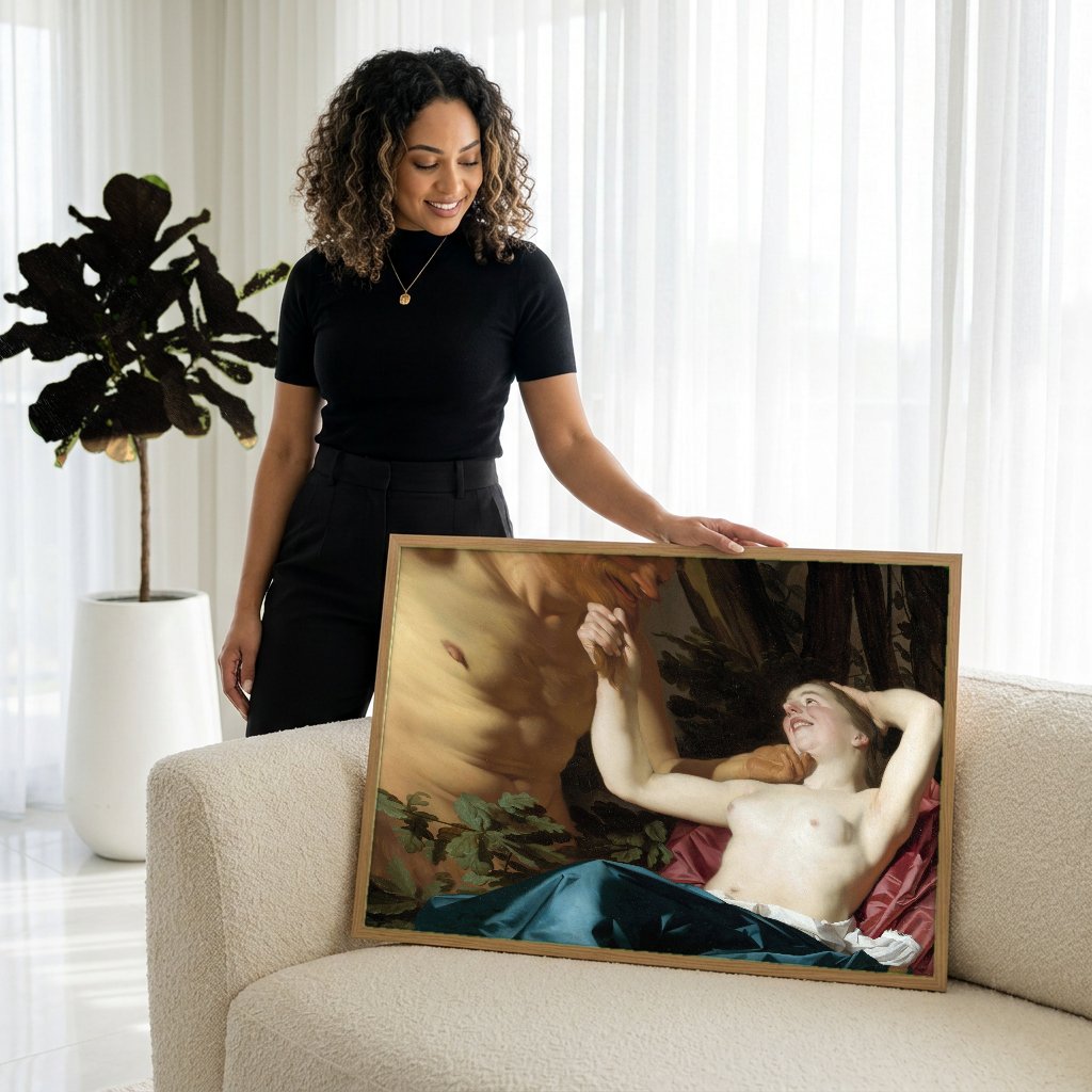 Quadro Decorativo A Ninfa e o Sátiro - Gerard van Honthorst com modelo em ambiente
