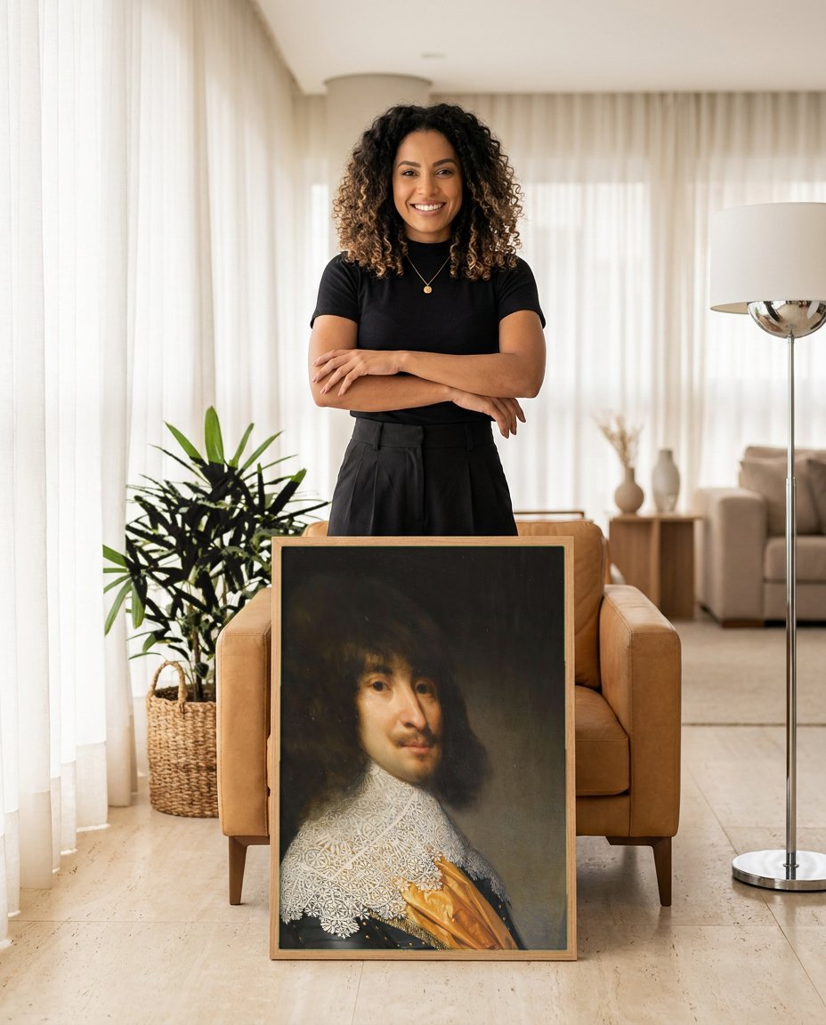 Quadro Decorativo Retrato Cavalheiro - Gerard van Honthorst com modelo em ambiente